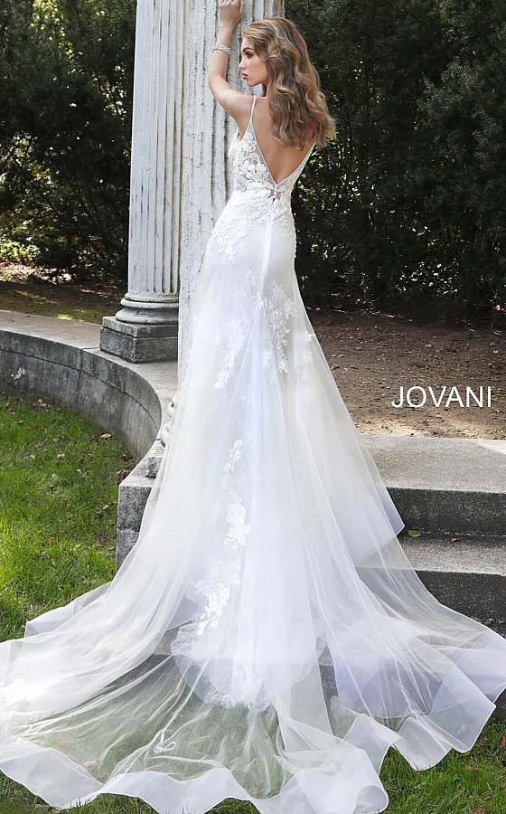 Jovani white wedding dress with long train