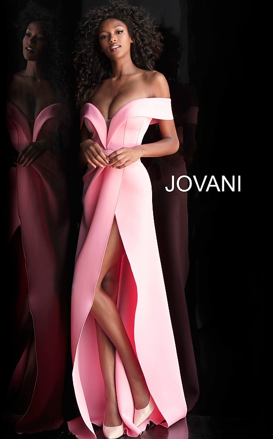 Jovani pink off-the-shoulder high slit gown