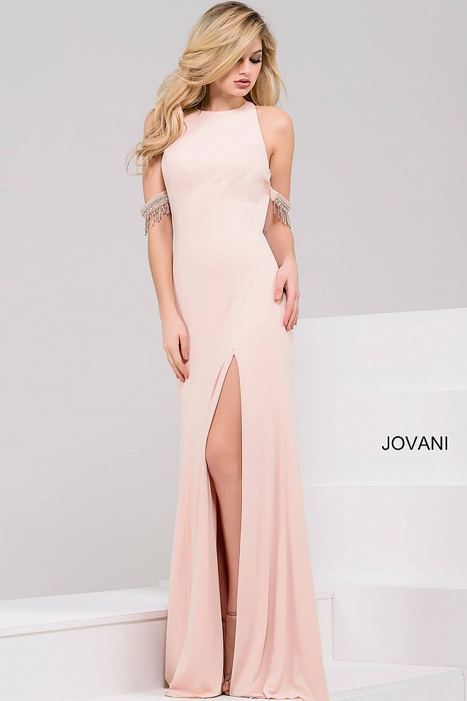Pink high slit prom dress JP49976