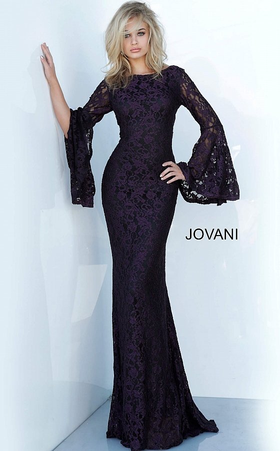 Jovani bell sleeve lace evening gown