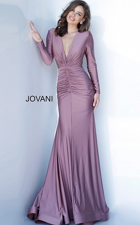 Jovani ruched long sleeve bridesmaid gown