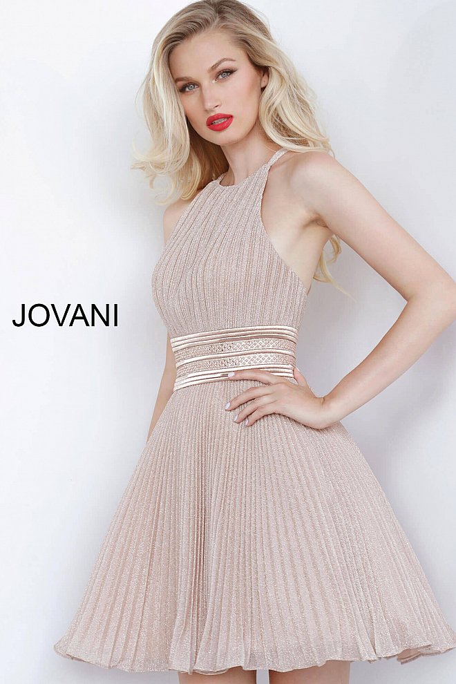 Jovani rose gold high neck flared dress
