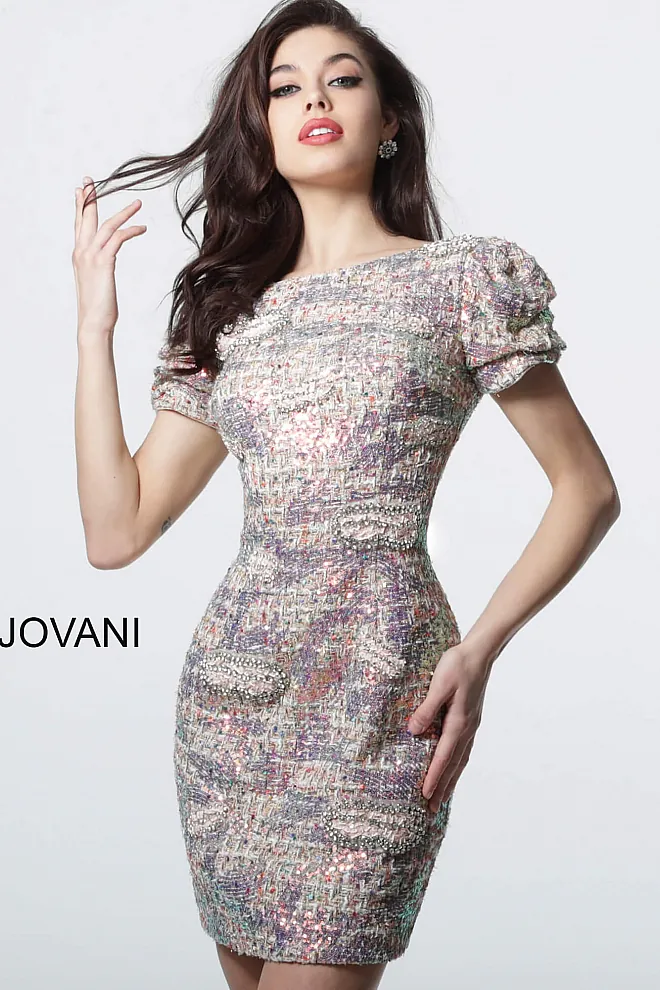 Jovani pink woven short sleeve short dress