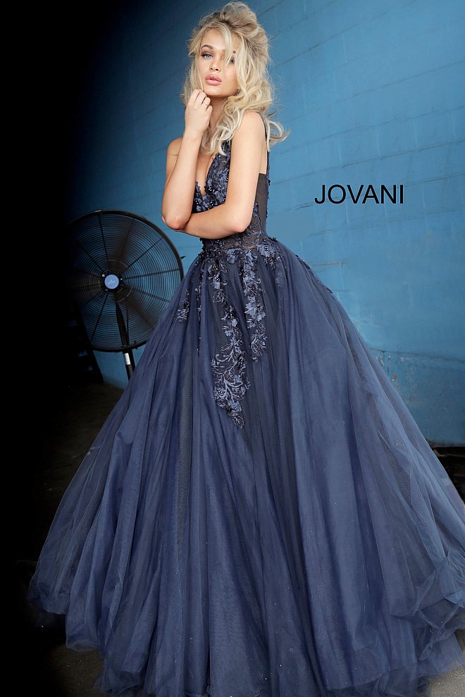 Jovani navy floral ball gown