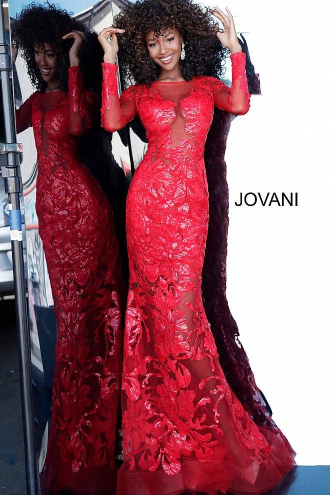 Jovani red sequin sheer prom gown