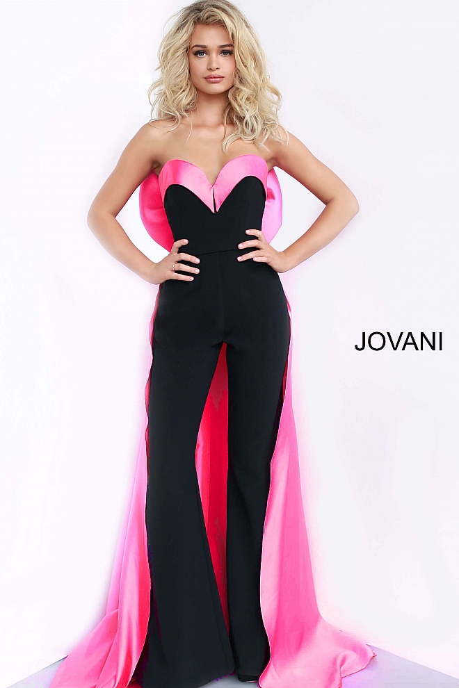 Jovani black sweetheart pink over-skirt jumpsuit