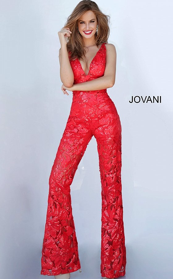 Jovani red embellished v-neck prom jumpsuit