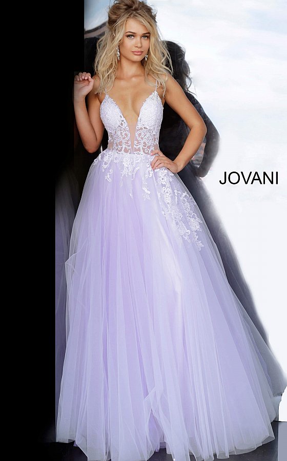 Jovani lilac plunging neck A-line prom dress