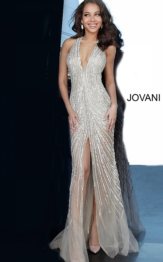 Jovani nude embellished high slit prom dress