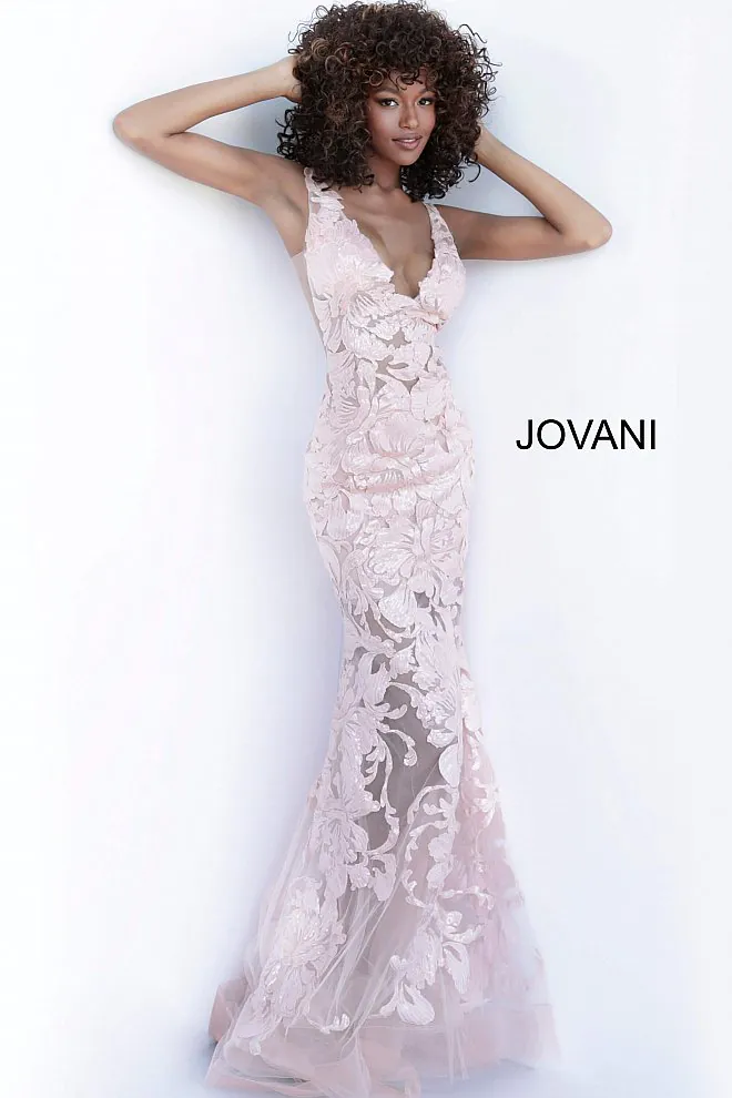 Jovani sheer fitted rose gold prom gown