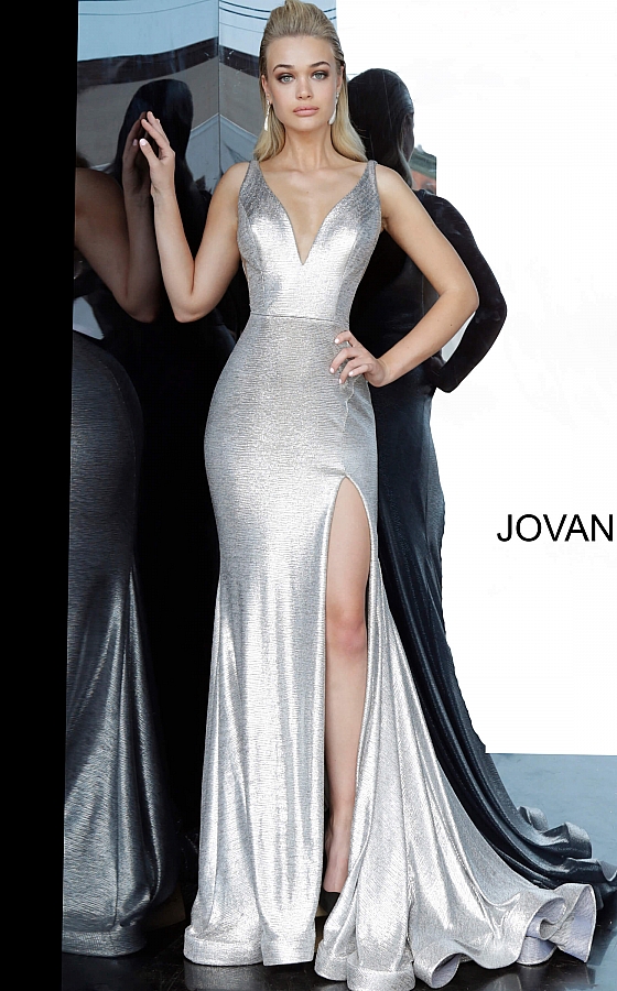 Jovani metallic silver prom dress