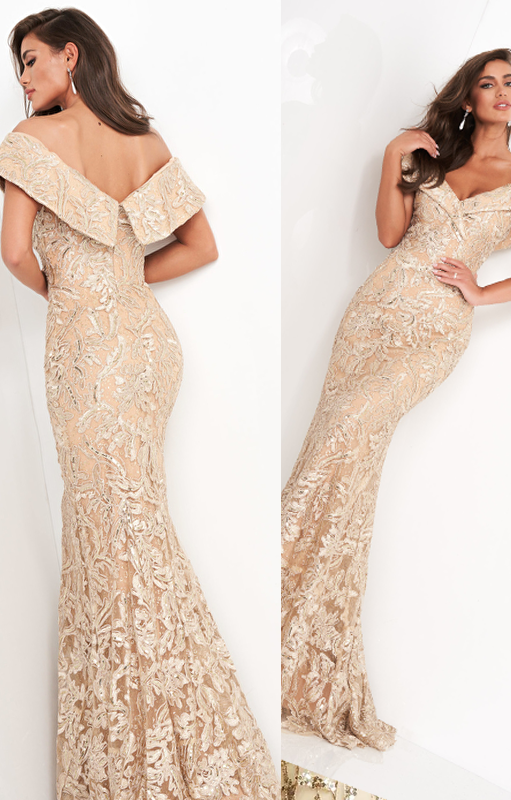 Jovani 02923 Gold Lace V Neck Evening Gown