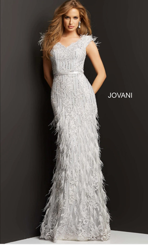 Jovani 03108 Silver Feather Embellished Evening Dress
