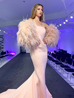 Jovani strapless blush fur sleeve prom gown 1226