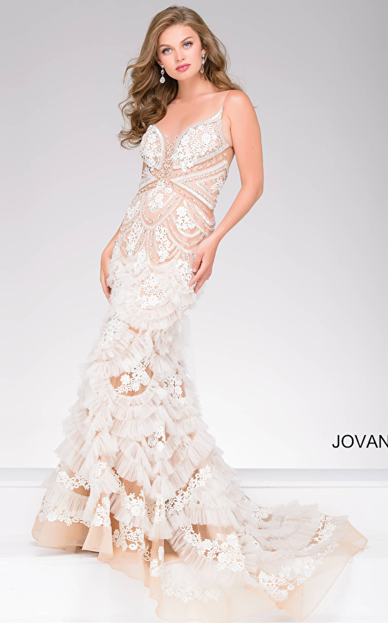 jovani White Embroidered Sheer Neckline Elegant Dress 41592