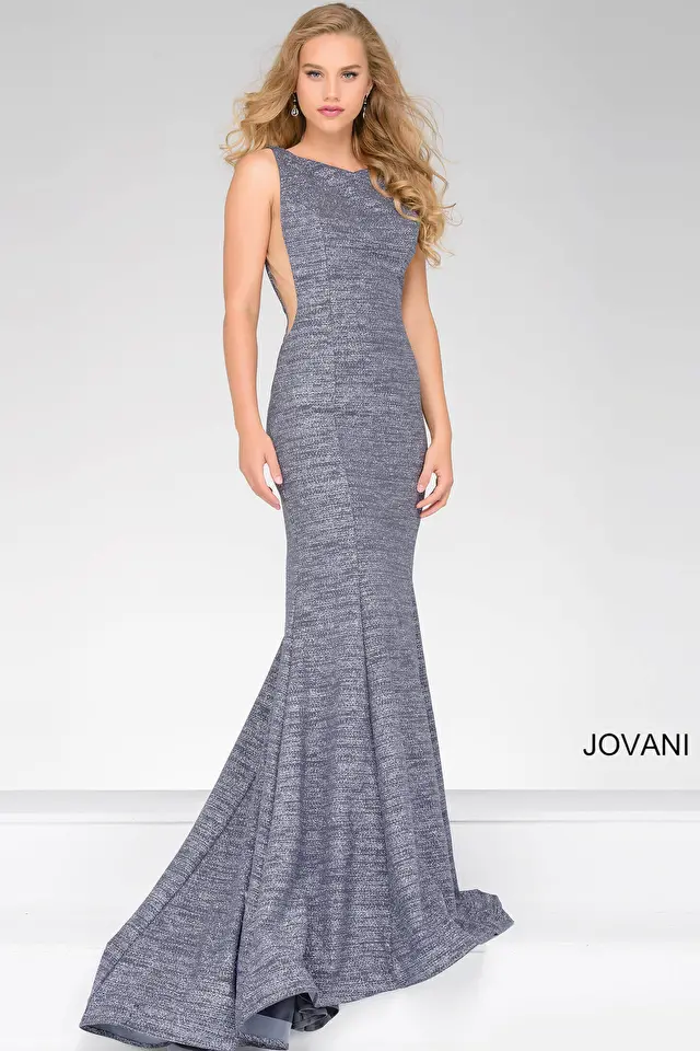 jovani Gunmetal Backless Fitted Long Jovani Prom Dress 45830