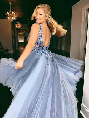 Jovani blue floral A-line prom gown 3110