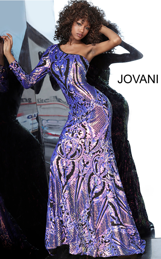 black purple long sleeve prom dress 3477