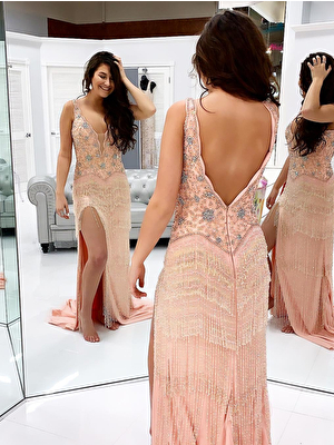 Jovani blush fringe high slit prom dress 49833