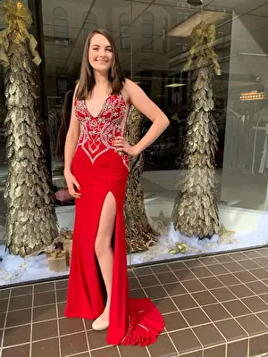 Jovani red embellished prom gown