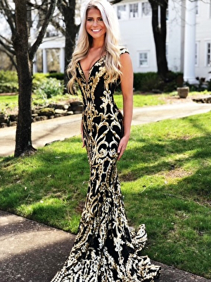 Jovani black gold sequin fitted prom dress