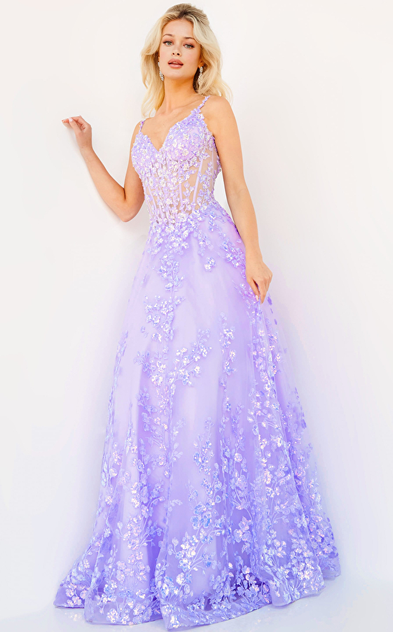 Jovani 63170 Lilac Floral Embroidered V Neck Prom Ballgown