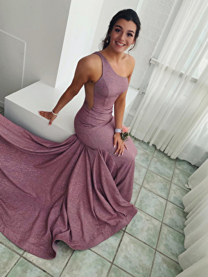 Jovani mauve one-shoulder prom dress