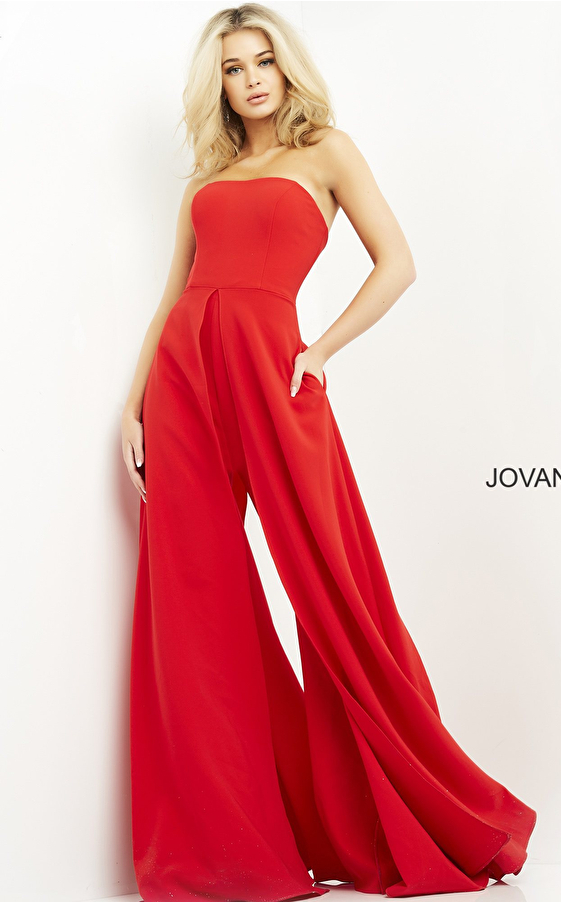 Jovani 03529 Red Strapless Wide Leg Jumpsuit