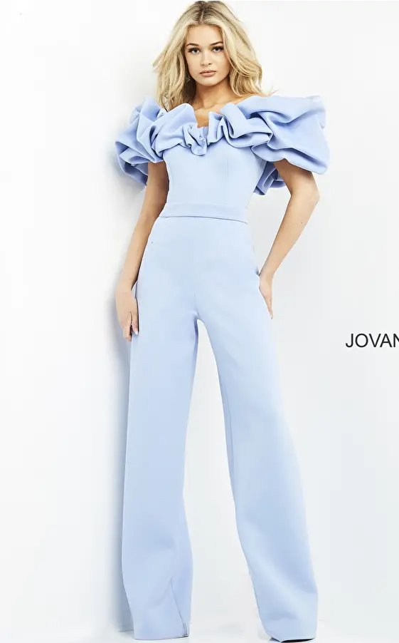 Light blue ruffle neckline jumpsuit Jovani 04369