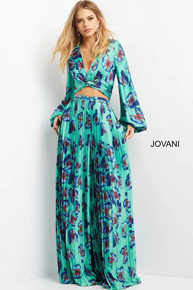 Model wearing Jovani style 06844, 07202 print dress