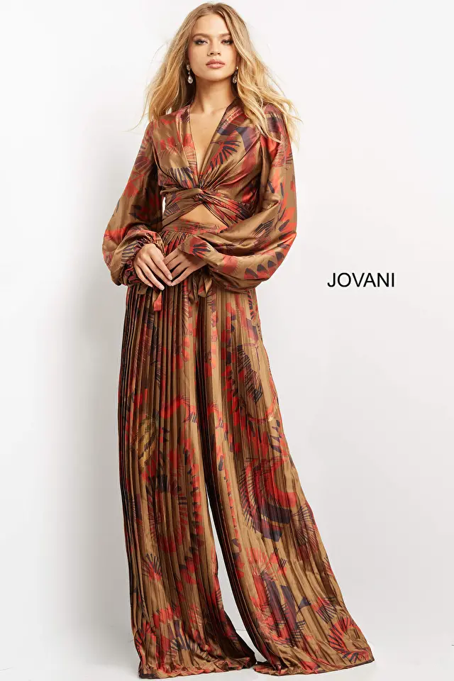 Model wearing Jovani style 06851, 06852 print dress