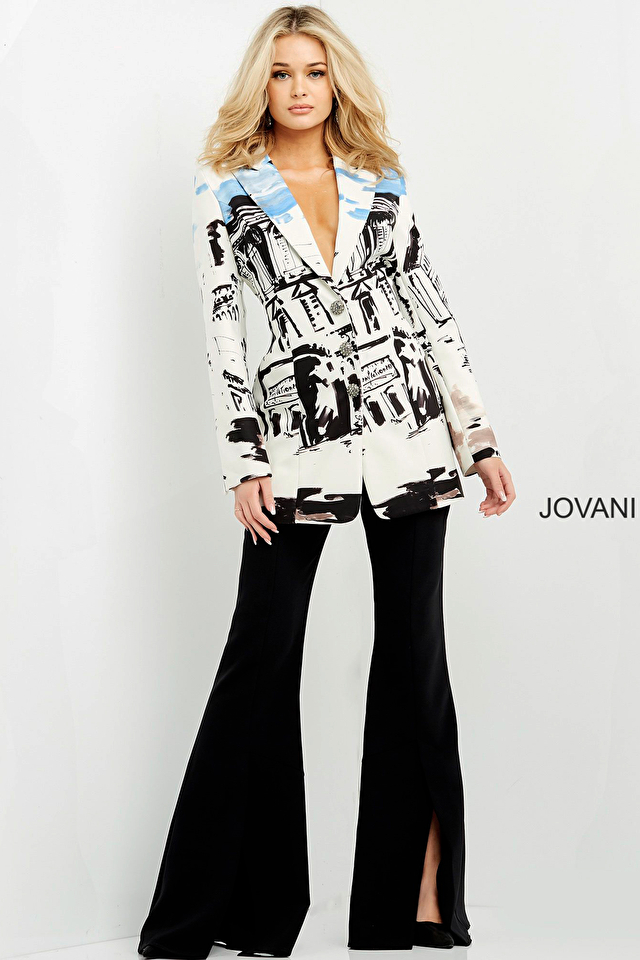 Model wearing Jovani style 06908, 06909 contemporary dress