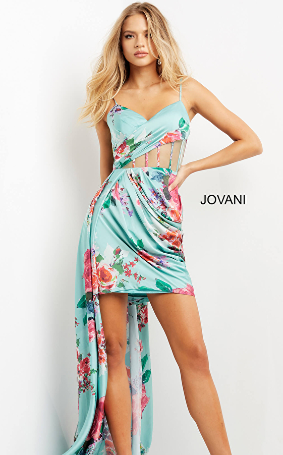 Jovani 08523 Print Satin Spaghetti Strap Contemporary Short Dress