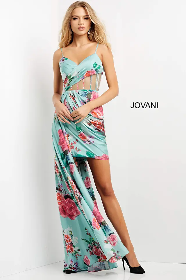 Model wearing Jovani style 08523 print dress