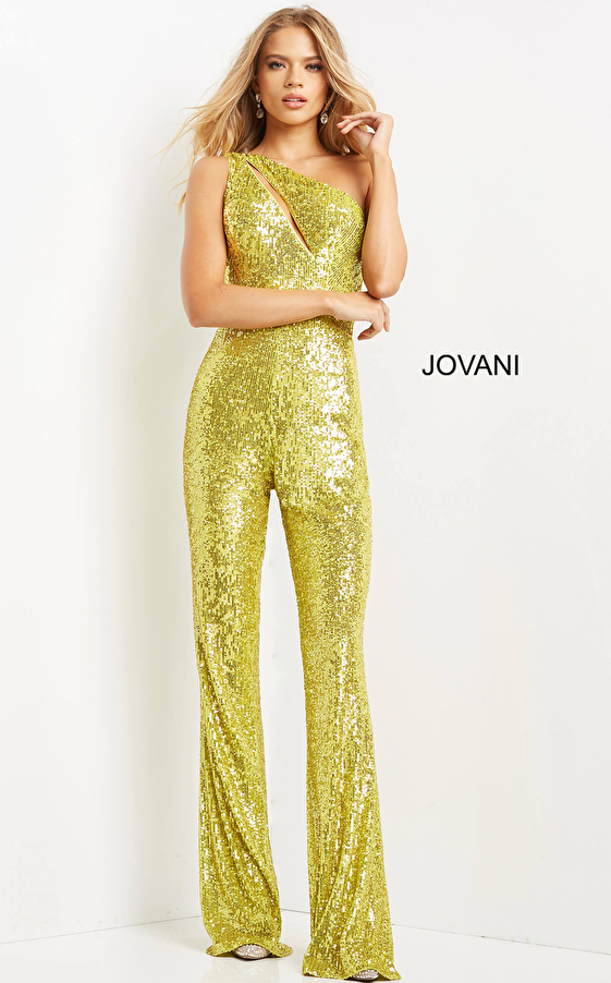 Jovani 09017 Yellow One Shoulder Sequin Jumpsuit