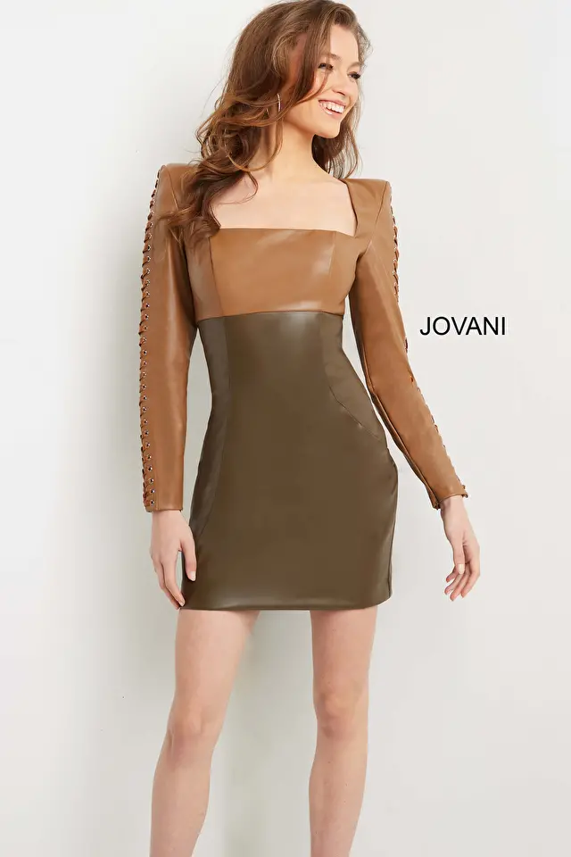 jovani Jovani 09585 Camel Olive Long Sleeve Vegan Leather Short Dress