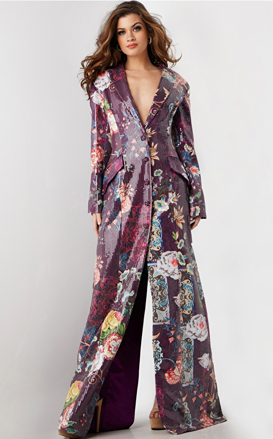 jovani Multi Floral Print Long Dress Coat 26035