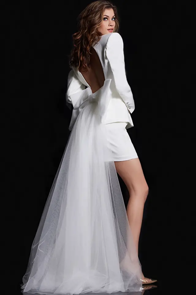 Model wearing Jovani style 38084 long sleeve dress