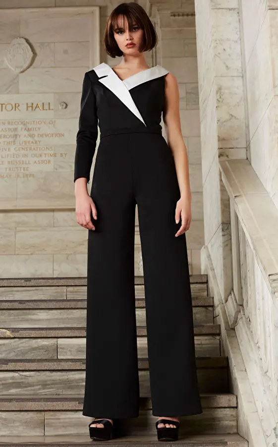 Jovani 3854 Black and White Long Sleeve Contemporary Jumpsuit