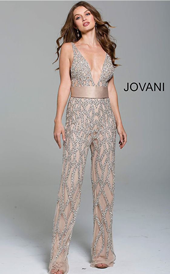 jovani Silver Nude Plunging Neckline Beaded Contemporary Jumpsuit 61573