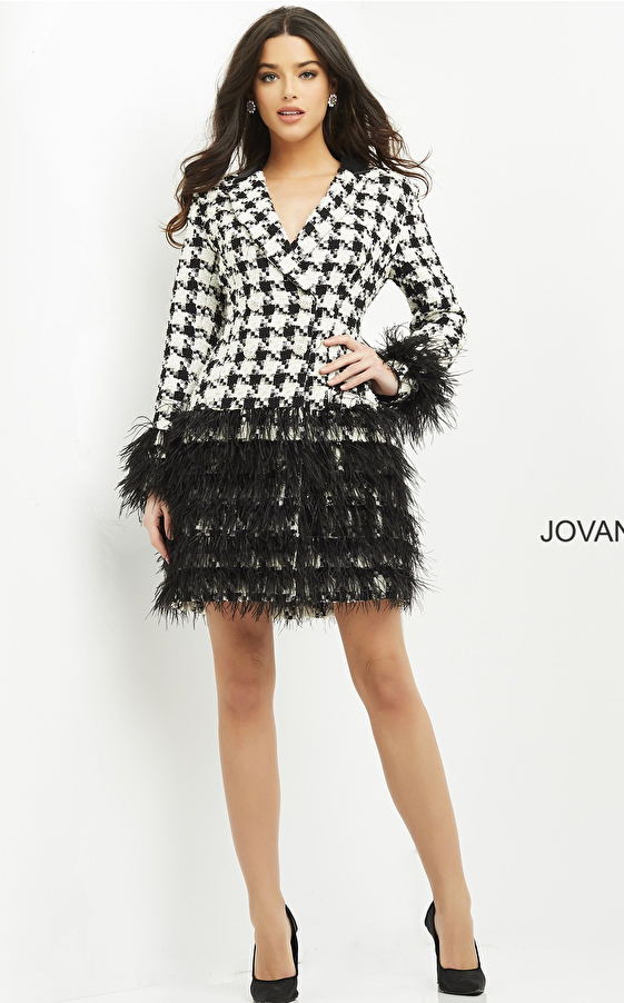 Jovani M1043 Black Ivory Feather Embellished Blazer Dress