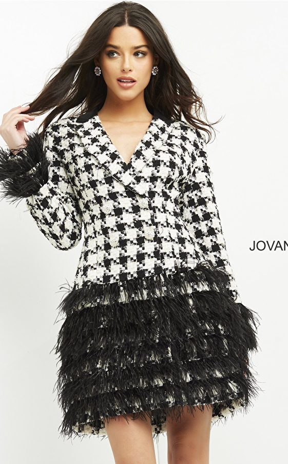 Jovani M1043 Black Ivory Feather Embellished Blazer Dress