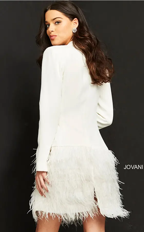 Jovani M1262 Ivory Feather Hem Ready to Wear Blazer Dress