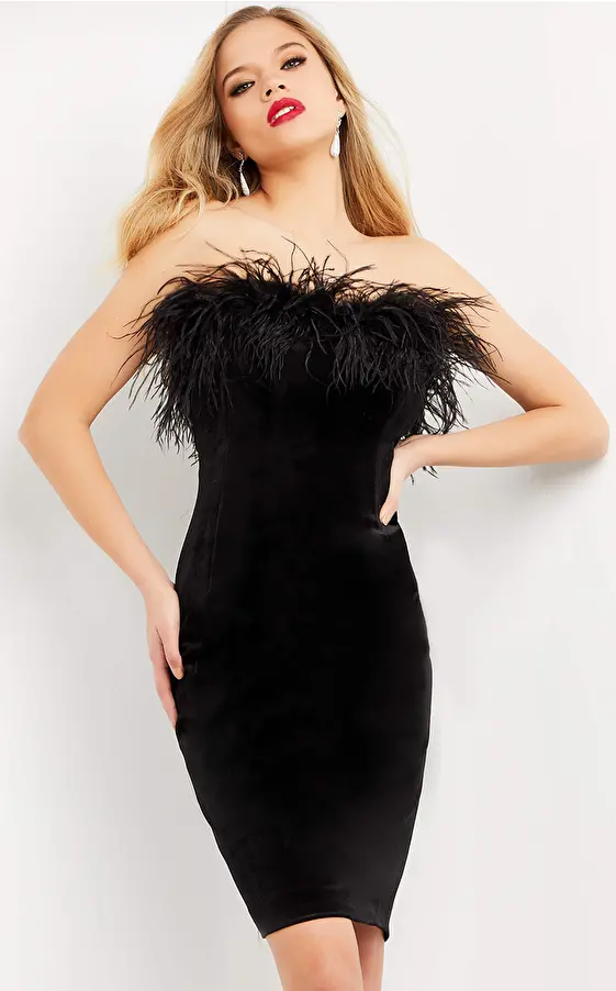 Black feather contemporary Jovani dress M3335