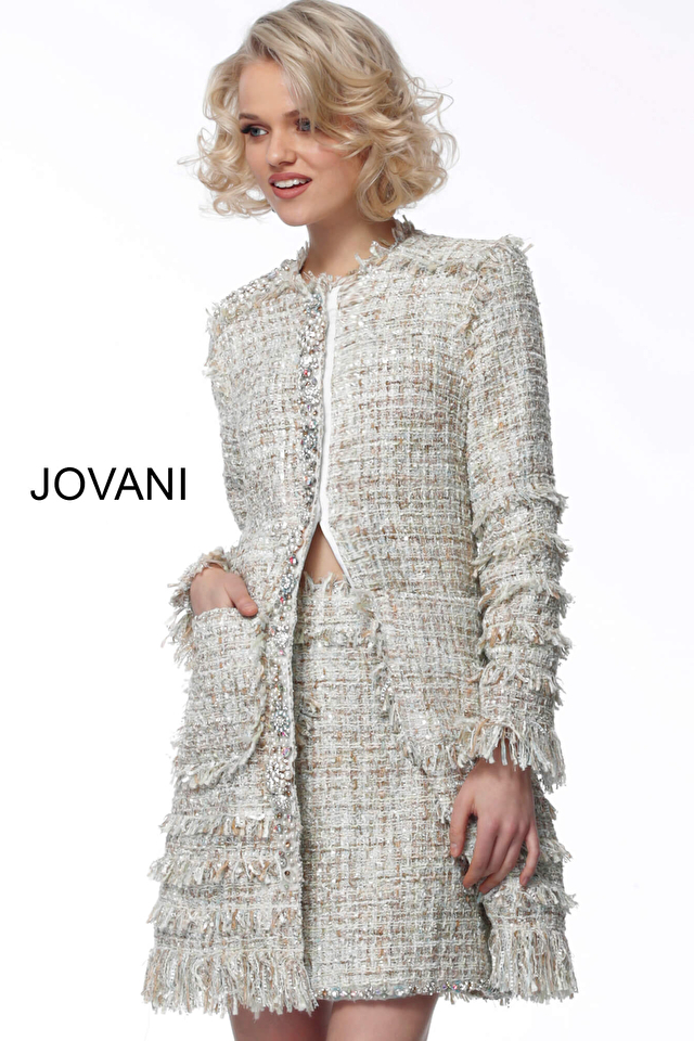 Model wearing Jovani style M61371 contemporary dress