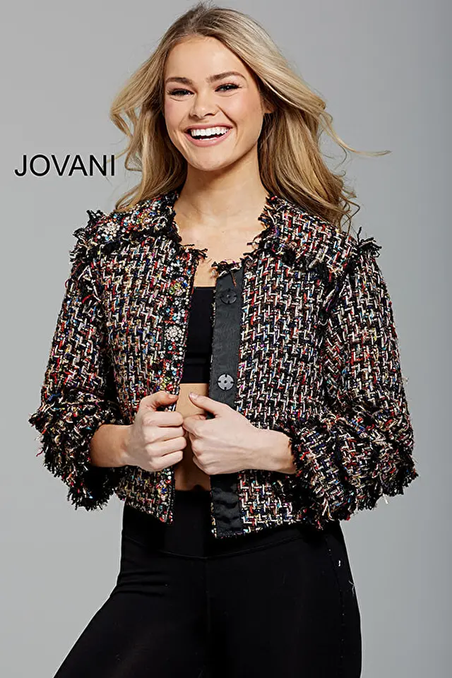 Model wearing Jovani style M61374 contemporary dress