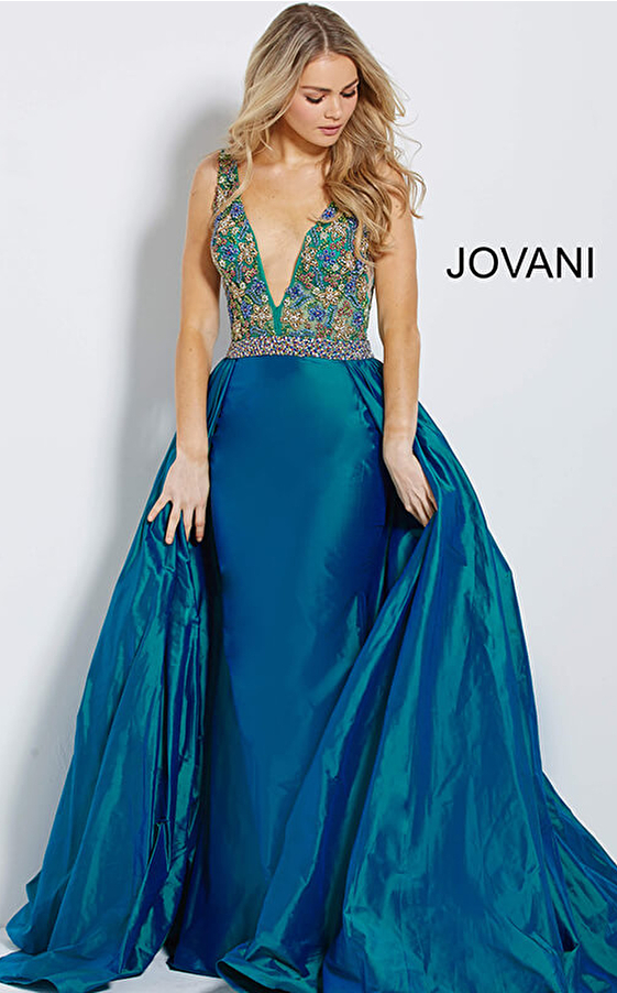jovani Peacock Embellished Sleeveless Bodice Pageant Gown 61464