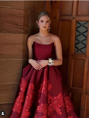 Red Strapless Floral Prom Gown 02038