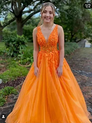 Jovani 02840 Orange Floral Appliques Prom Ballgown