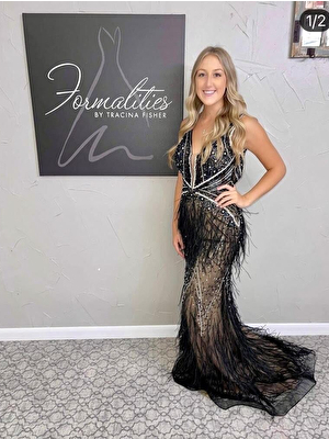 Black nude feather prom gown 03023